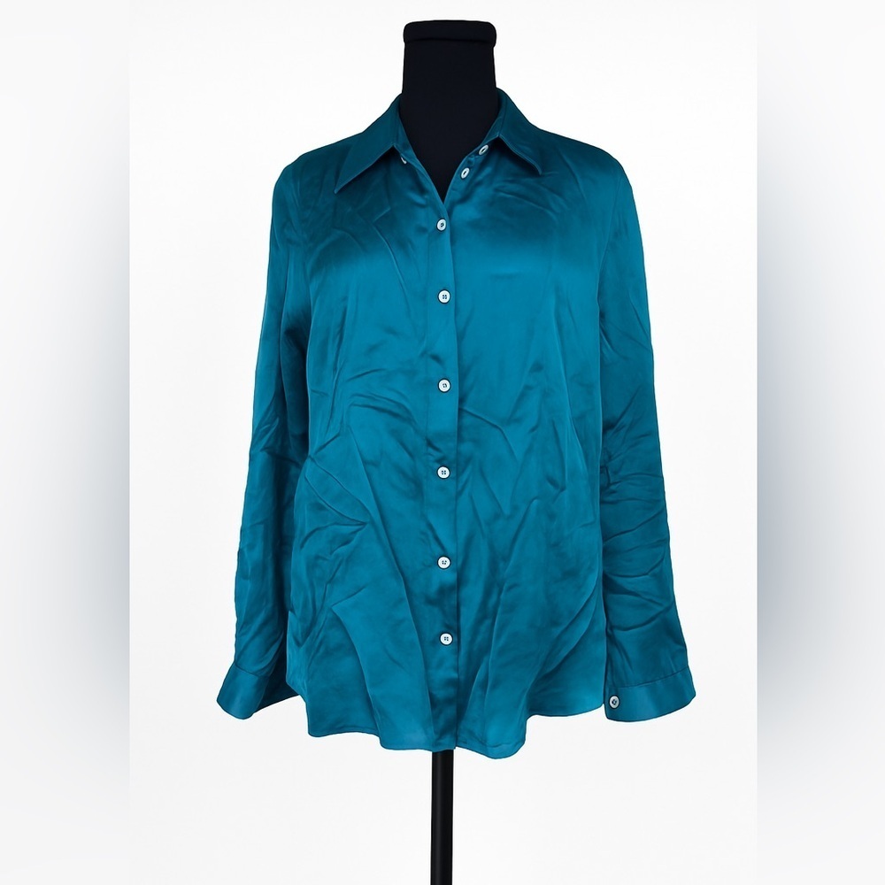 Miss Sixty Teal Satin Button Front Blouse Shirt Long Sleeve Women’s Size M